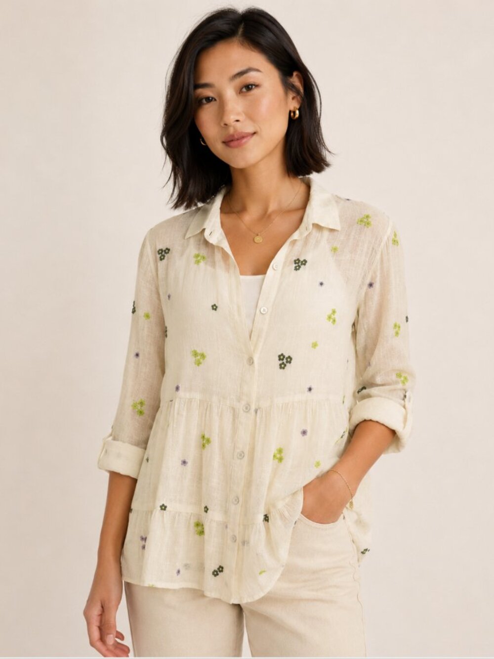 Figueroa & Flower Women’s Large Ivory Sheer Floral Embroidered Tiered Button-Dow - Picture 1 of 8